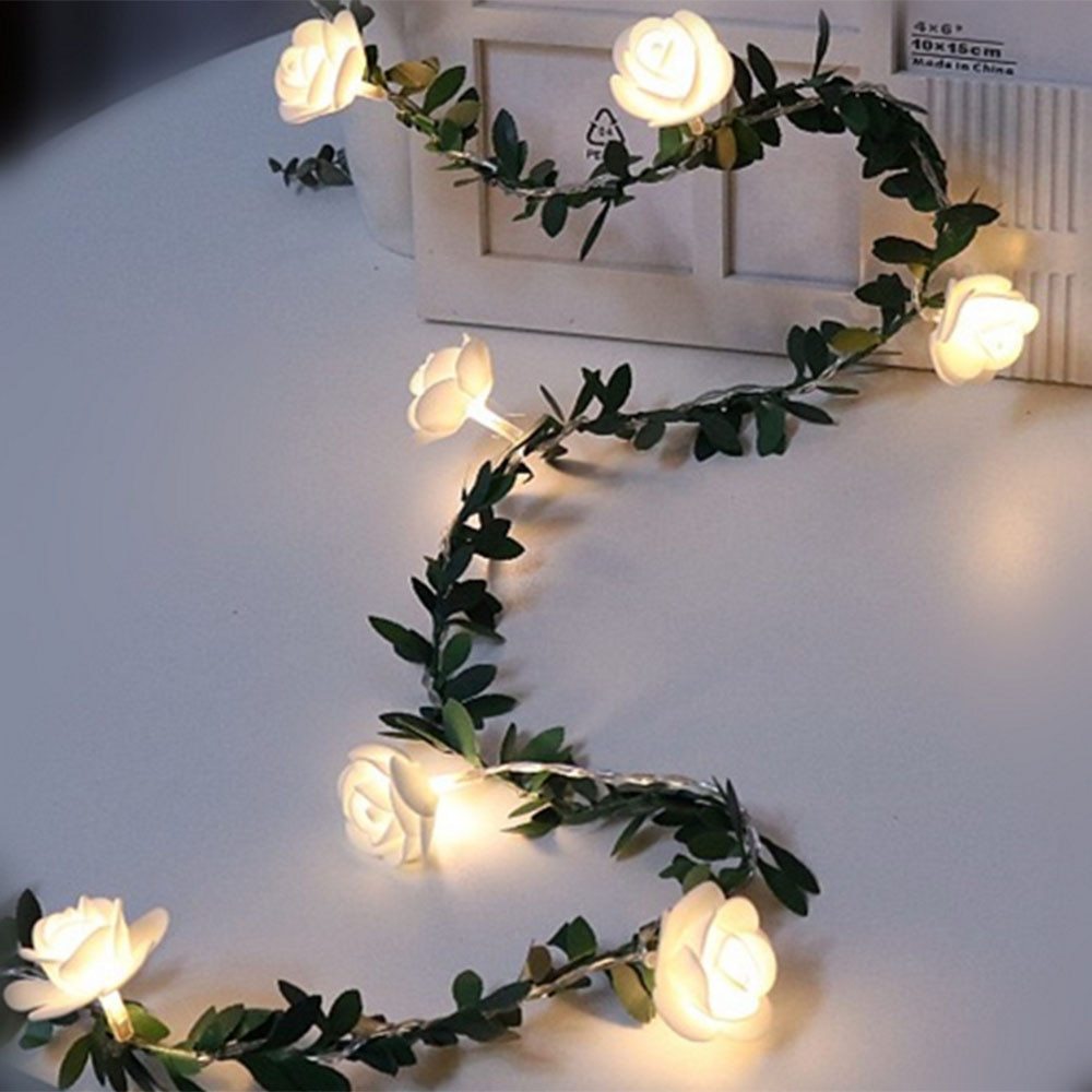 Rose Flower Vine String LED Lights Decoration Green Leaf Garland Battery USB Solar Powered Warm White Fairy Lights - Image 3