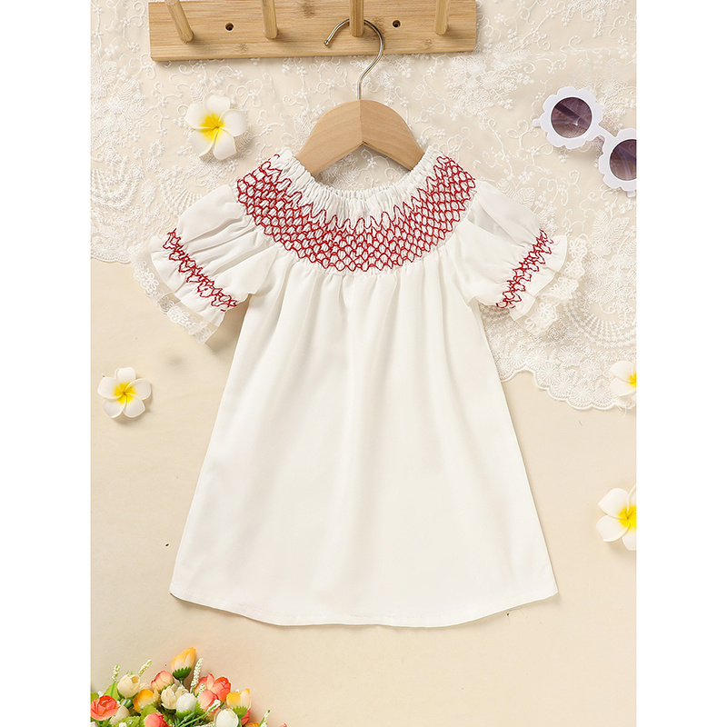 Infant Baby Girl Valentines Day Dress Lace Short Sleeve Round Neck White With Red Embroidery Party Dress - Image 2