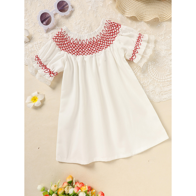 Infant Baby Girl Valentines Day Dress Lace Short Sleeve Round Neck White With Red Embroidery Party Dress - Image 3