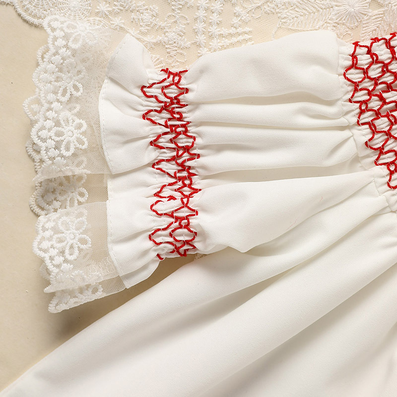 Infant Baby Girl Valentines Day Dress Lace Short Sleeve Round Neck White With Red Embroidery Party Dress - Image 5