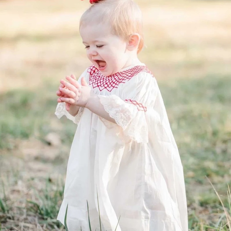 Infant Baby Girl Valentines Day Dress Lace Short Sleeve Round Neck White With Red Embroidery Party Dress - Image 8