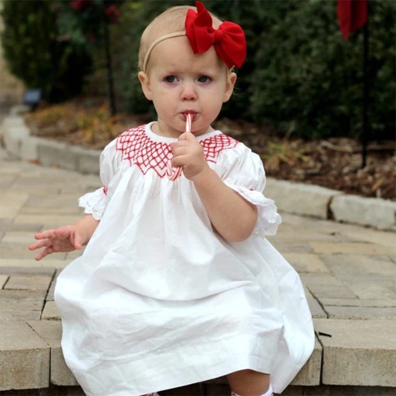 Infant Baby Girl Valentines Day Dress Lace Short Sleeve Round Neck White With Red Embroidery Party Dress - Image 9