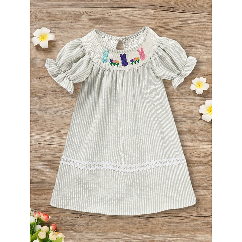 Infant Baby Girls' Easter Bunny Smocked Dress Embroidered Short Sleeve Casual Summer Dress - Image 2