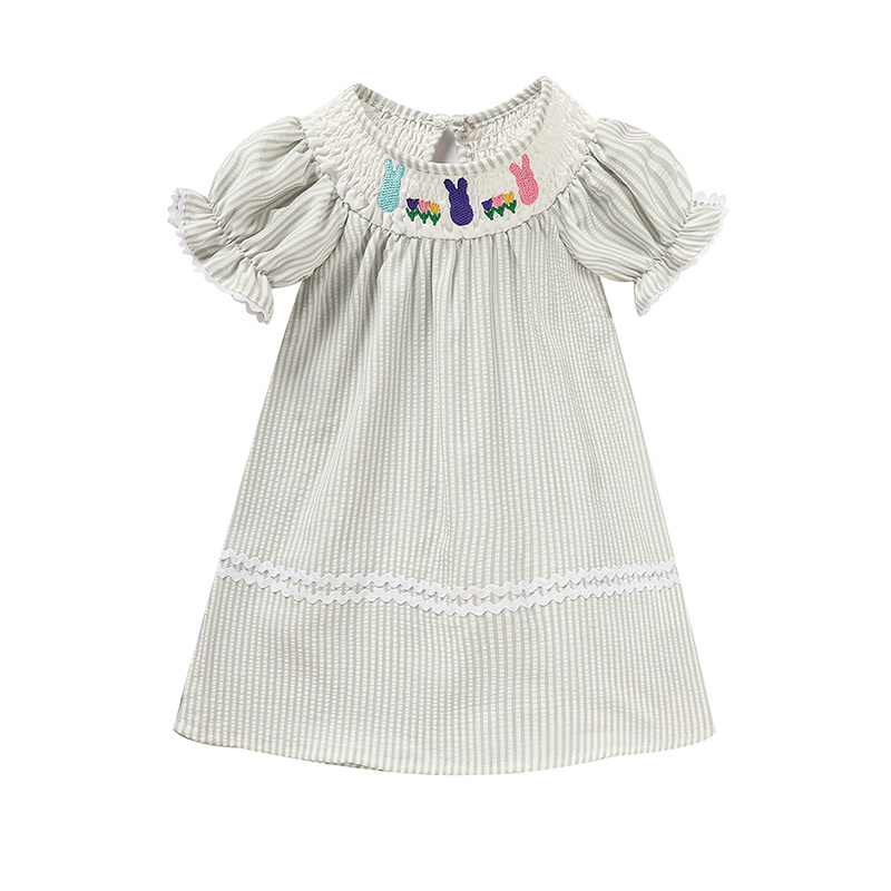 Infant Baby Girls' Easter Bunny Smocked Dress Embroidered Short Sleeve Casual Summer Dress - Image 4