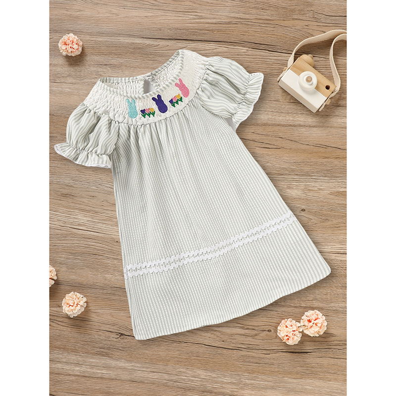 Infant Baby Girls' Easter Bunny Smocked Dress Embroidered Short Sleeve Casual Summer Dress - Image 6