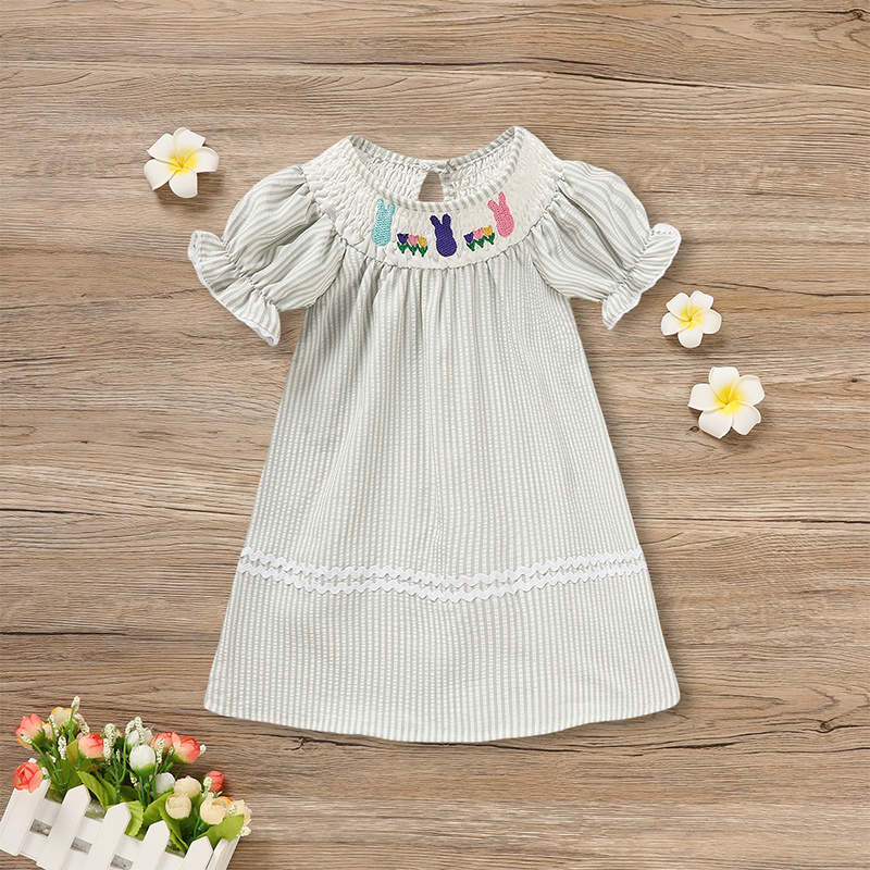 Infant Baby Girls' Easter Bunny Smocked Dress Embroidered Short Sleeve Casual Summer Dress - Image 9