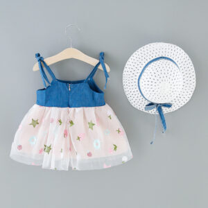 Girls mesh stitching denim strap dress