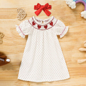 Baby Girl's Valentine's Day Dress Short Sleeve Red Heart Embroidery Dress With Headband Smocked Princess Party Dress
