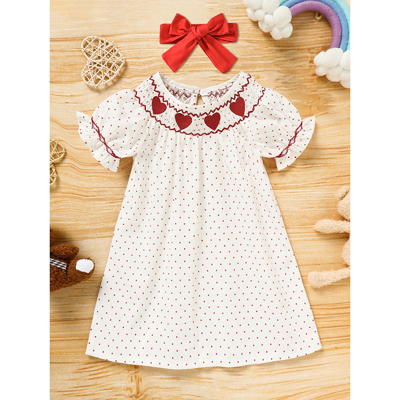 Baby Girl's Valentine's Day Dress Short Sleeve Red Heart Embroidery Dress With Headband Smocked Princess Party Dress - Image 3