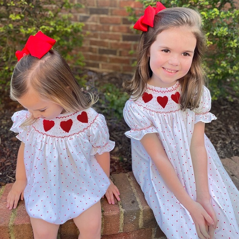 Baby Girl's Valentine's Day Dress Short Sleeve Red Heart Embroidery Dress With Headband Smocked Princess Party Dress - Image 10