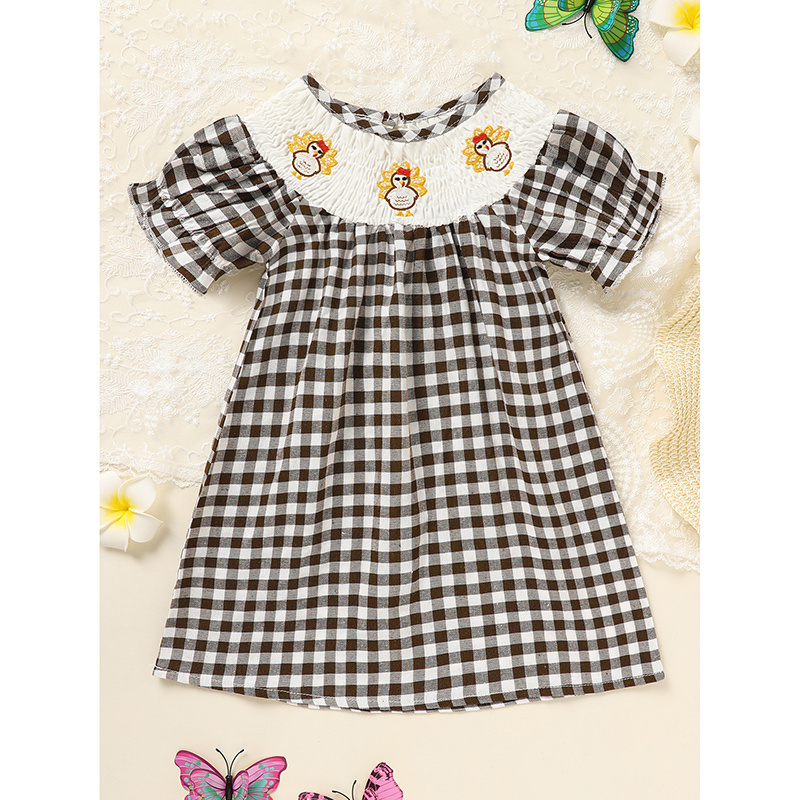 Infant Baby Girls Thanksgiving Dress Turkey Print Casual Short Sleeve Plaid Party Costume Dresses