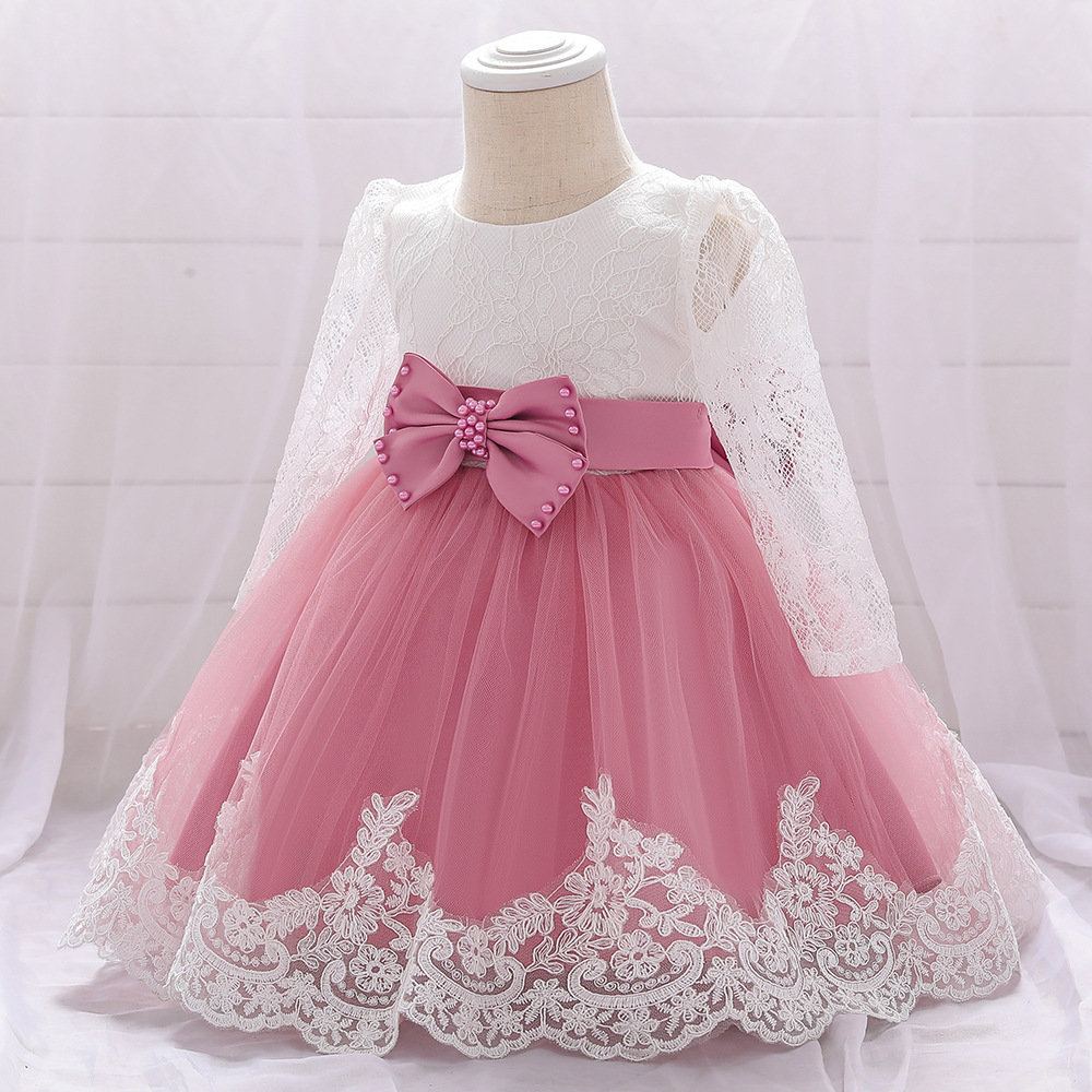Children's Dress One Year Old Girl Lace Long Sleeve Puffy Baby Shower - Image 2