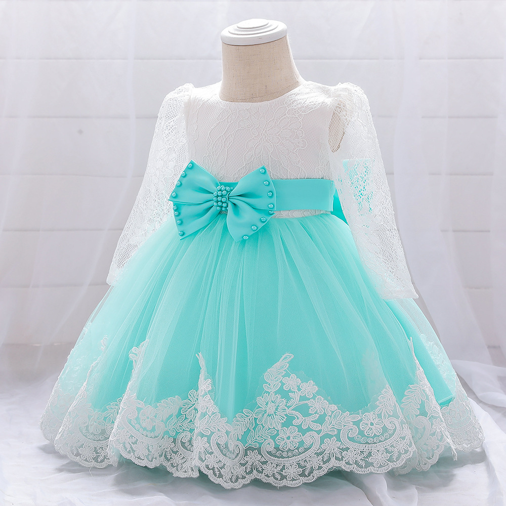 Children's Dress One Year Old Girl Lace Long Sleeve Puffy Baby Shower - Image 3