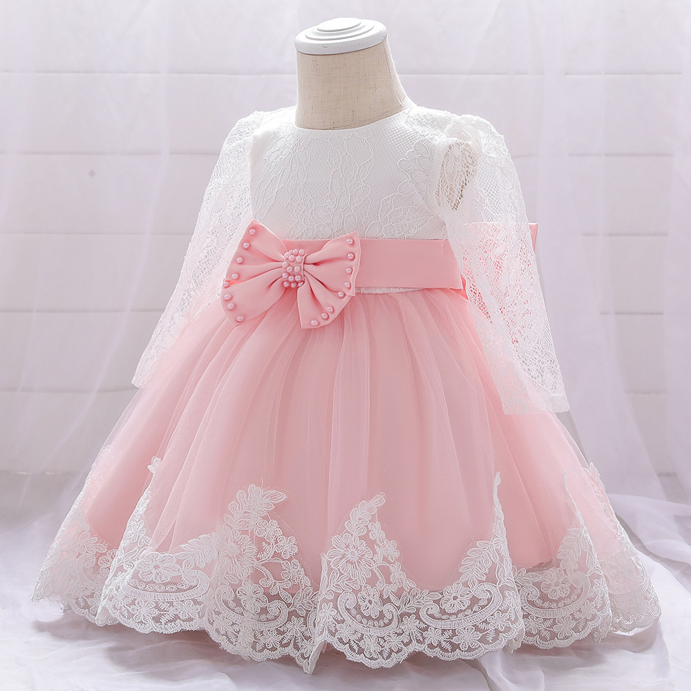 Children's Dress One Year Old Girl Lace Long Sleeve Puffy Baby Shower - Image 4