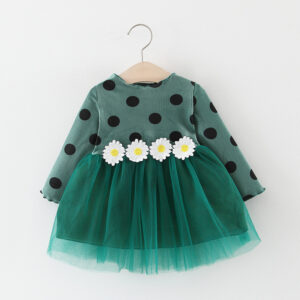 Baby Girl Long Sleeve Polka Dot Waist Flower Mesh  Princess Dress