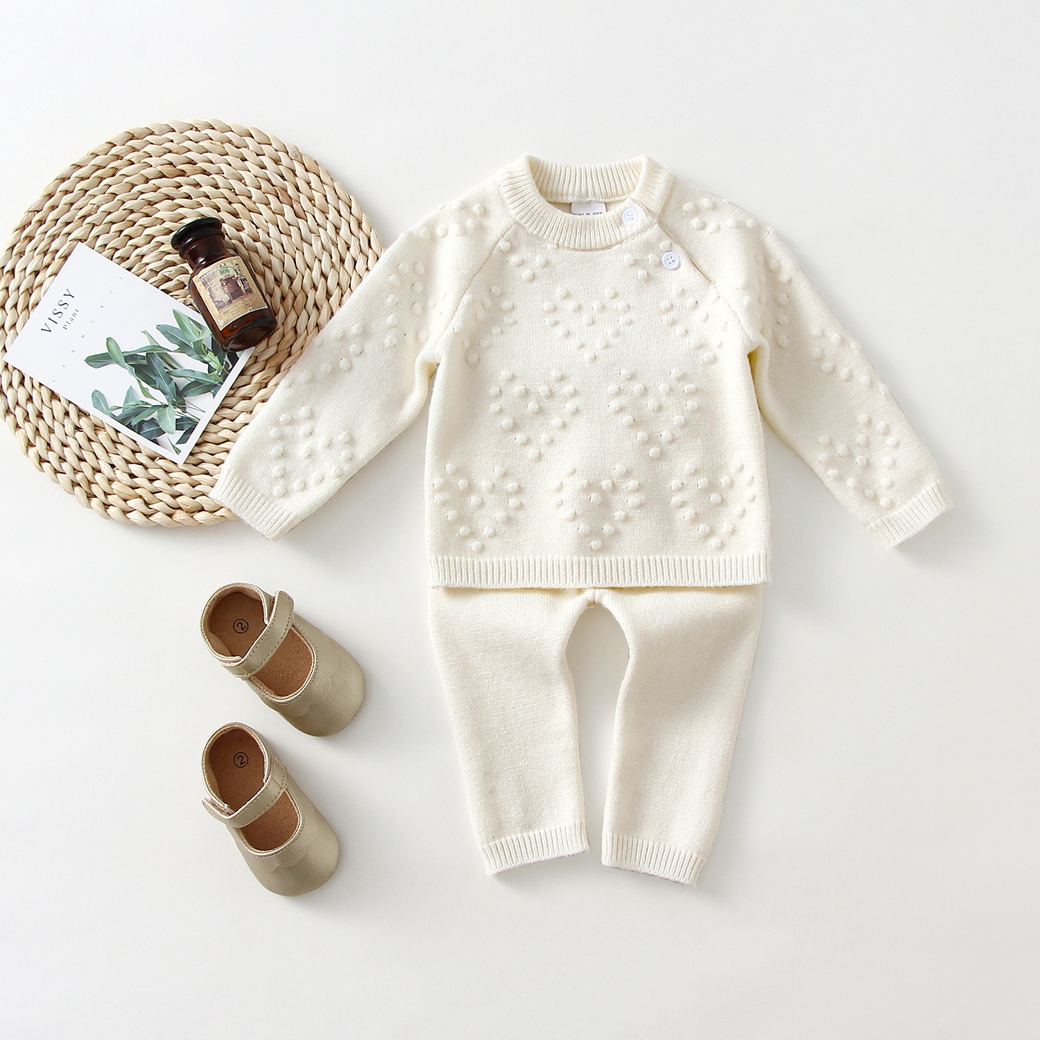 Children's Knitted Love Solid Color Sweater And Pants Set - Image 6