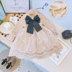Children's New Lace Bowknot Plus Velvet Long Sleeve Dress