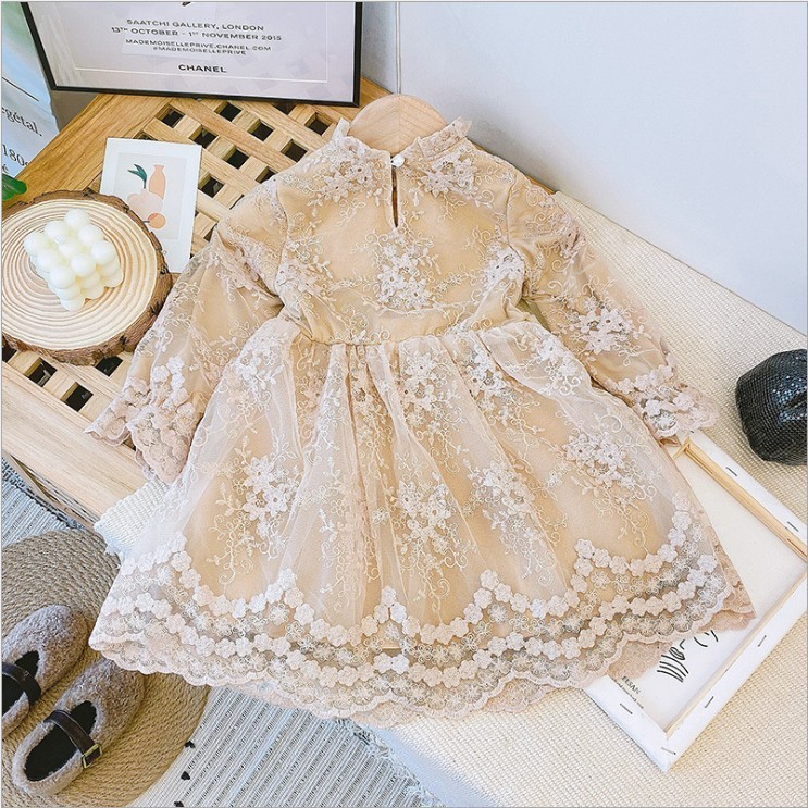 Children's New Lace Bowknot Plus Velvet Long Sleeve Dress - Image 4