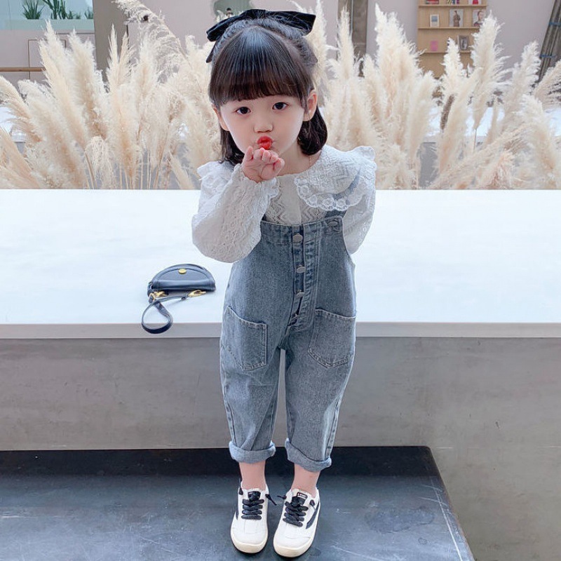 Girls Denim Overalls And Lace Shirt Two-piece Suit - Image 2