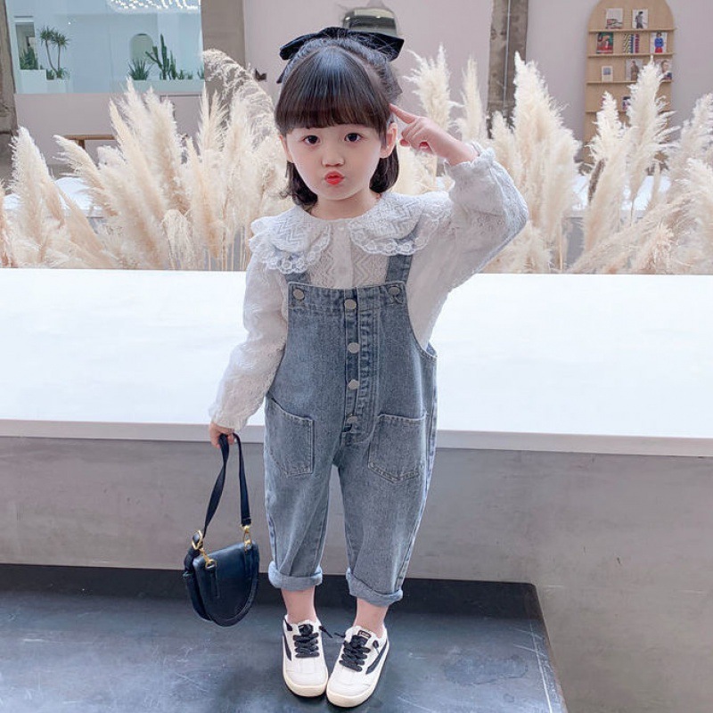 Girls Denim Overalls And Lace Shirt Two-piece Suit - Image 4