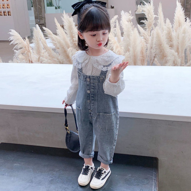 Girls Denim Overalls And Lace Shirt Two-piece Suit - Image 5