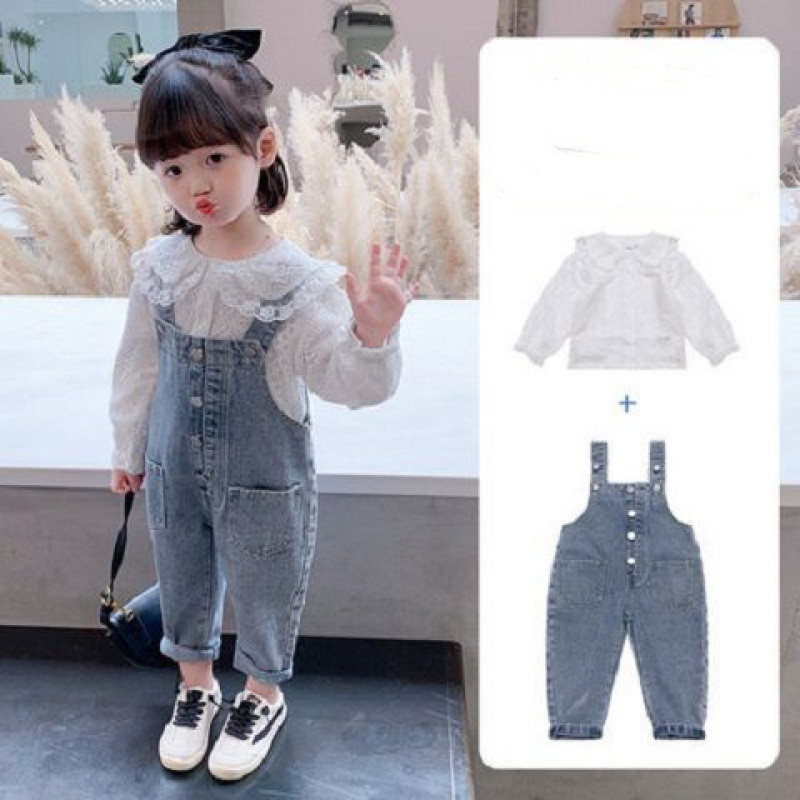 Girls Denim Overalls And Lace Shirt Two-piece Suit - Image 7