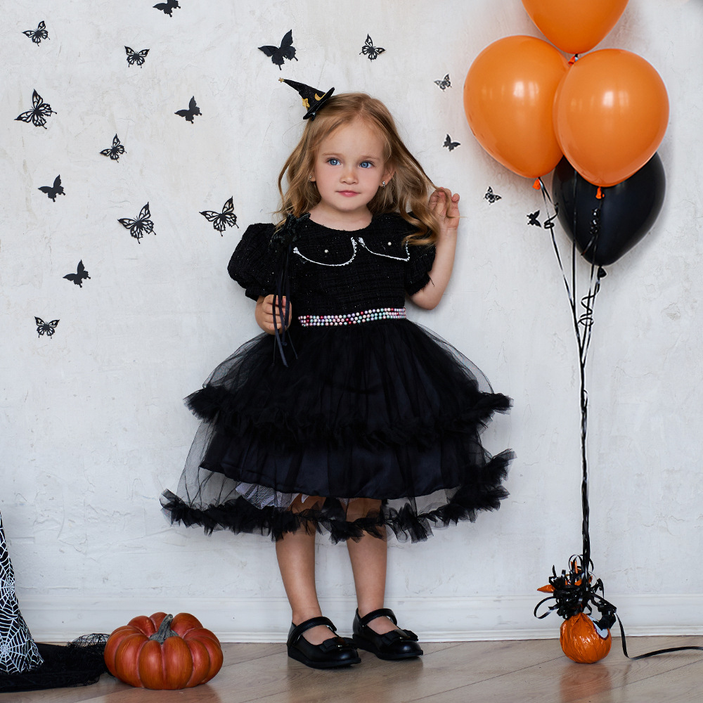 Girls' Fashion Halloween Mesh Stitching Puff Sleeve Dress - Image 2