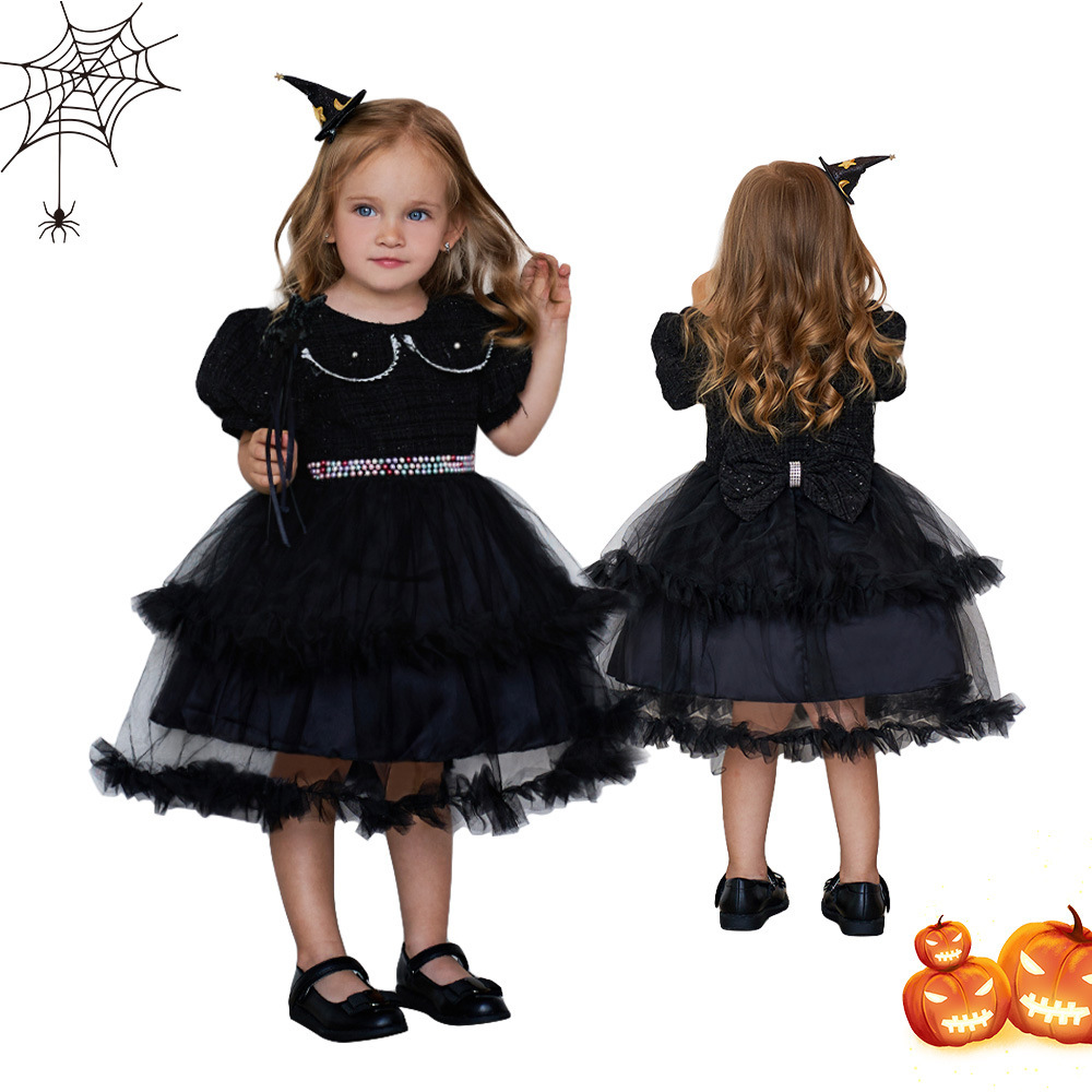 Girls' Fashion Halloween Mesh Stitching Puff Sleeve Dress - Image 3