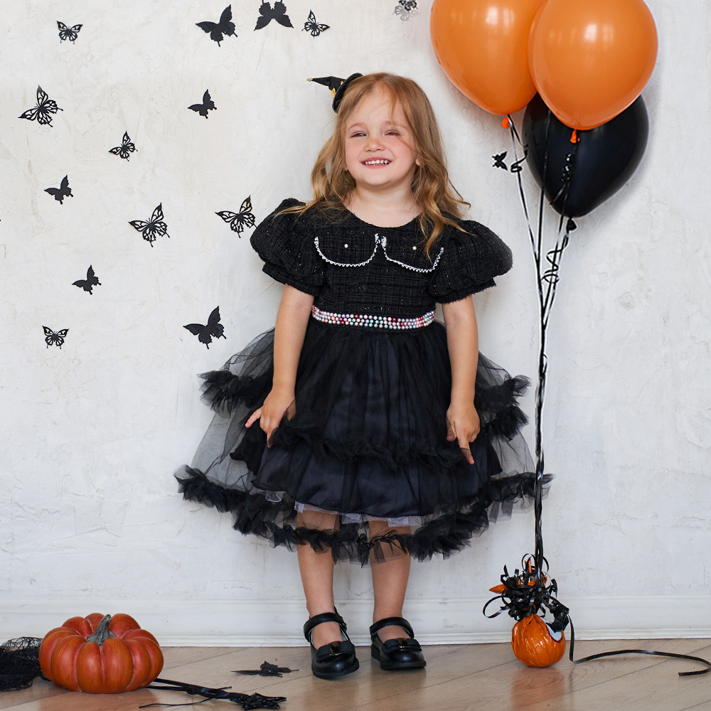 Girls' Fashion Halloween Mesh Stitching Puff Sleeve Dress - Image 7