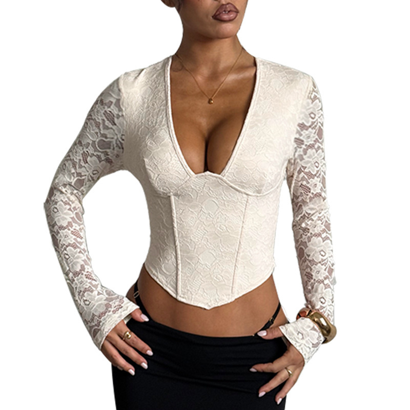 Sexy Bust-enhancing Pure Desire Lace Slim-fit Vintage Waist-cinching Long-sleeved Top - Image 5
