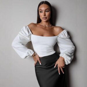 Temperament Ribbed Drawstring Lantern Sleeve Tight Fashion Top Backless Sexy