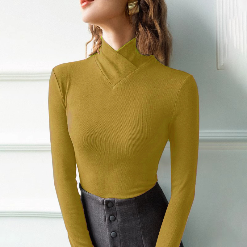 Women's Cross High Neck Top - Long Sleeve Slim Fit Dressy Casual Shirt For Spring & Fall - Image 2