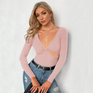 Women's Sexy V-neck Hollow-out Slim-fit Knit Long Sleeve T-shirt
