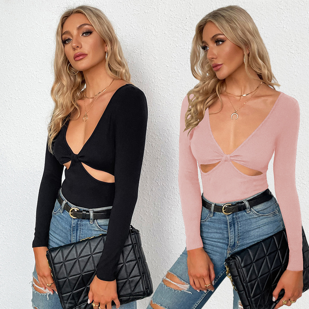 Women's Sexy V-neck Hollow-out Slim-fit Knit Long Sleeve T-shirt - Image 2