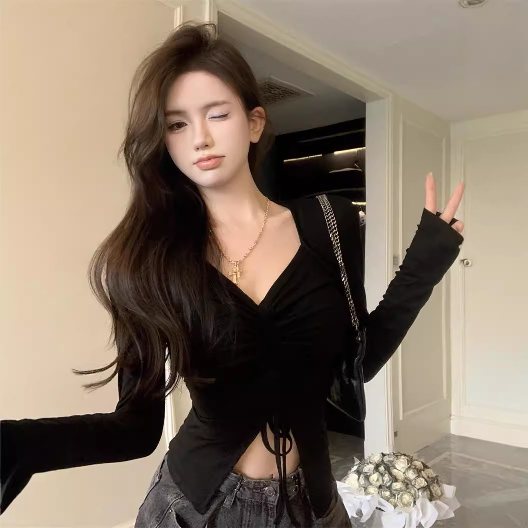 Split Hem Drawstring Waist Fitted Design Long Sleeve T-shirt - Image 2