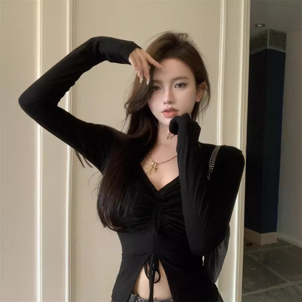 Split Hem Drawstring Waist Fitted Design Long Sleeve T-shirt - Image 4