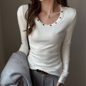 Women's Fashion Versatile Round Neck Studded Long Sleeve T-Shirt
