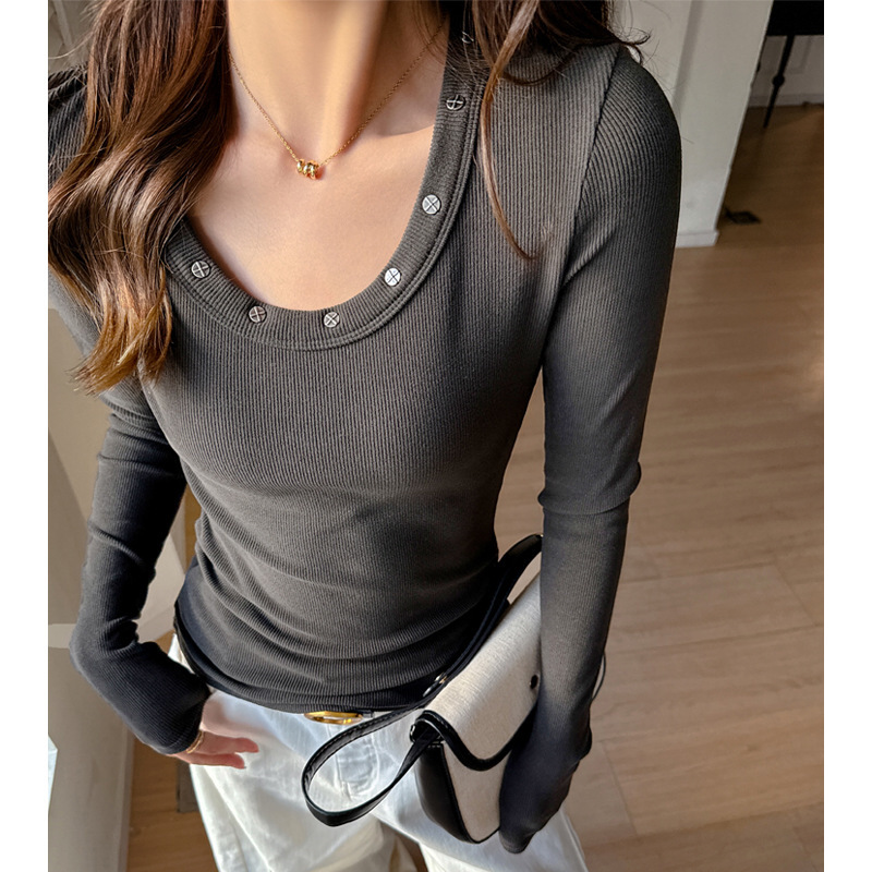 Women's Fashion Versatile Round Neck Studded Long Sleeve T-Shirt - Image 2