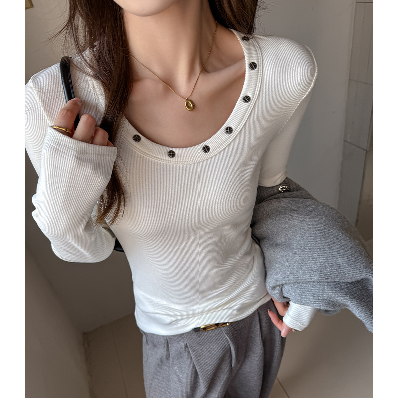 Women's Fashion Versatile Round Neck Studded Long Sleeve T-Shirt - Image 3