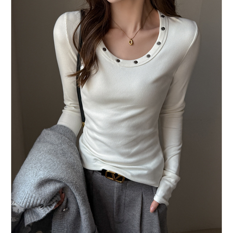 Women's Fashion Versatile Round Neck Studded Long Sleeve T-Shirt - Image 5