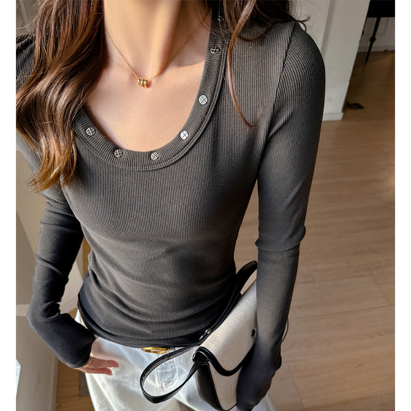 Women's Fashion Versatile Round Neck Studded Long Sleeve T-Shirt - Image 7