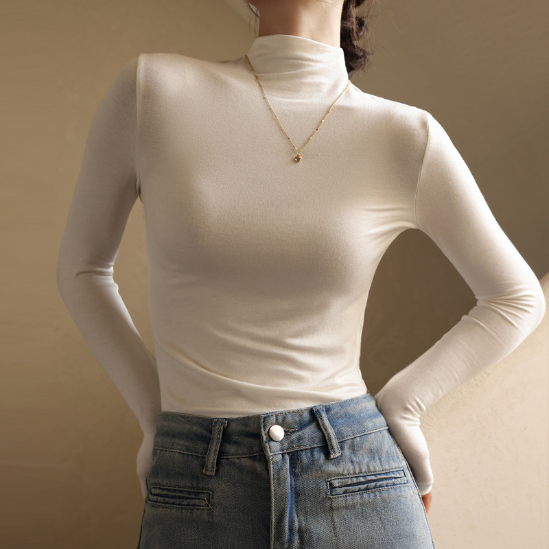 Women's Fashion Semi-Turtle Neck Long Sleeve T-Shirt - Image 5