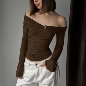 American-style Spicy Girl Design Off-shoulder Irregular Long-sleeve Tight Top