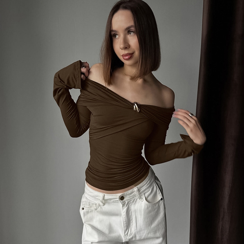 American-style Spicy Girl Design Off-shoulder Irregular Long-sleeve Tight Top - Image 2