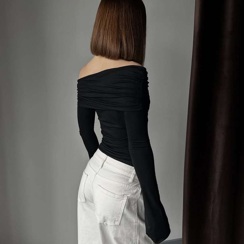 American-style Spicy Girl Design Off-shoulder Irregular Long-sleeve Tight Top - Image 4