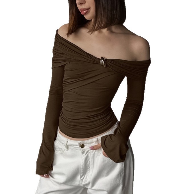 American-style Spicy Girl Design Off-shoulder Irregular Long-sleeve Tight Top - Image 5