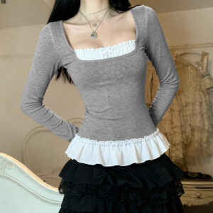 Women's Casual Fake Two-Piece Lace Long Sleeve T-Shirt