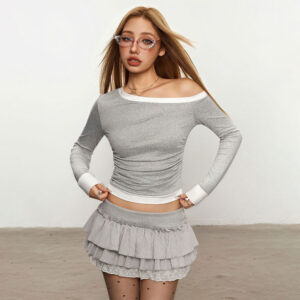 Grey Off-shoulder Long Sleeve Top For Women