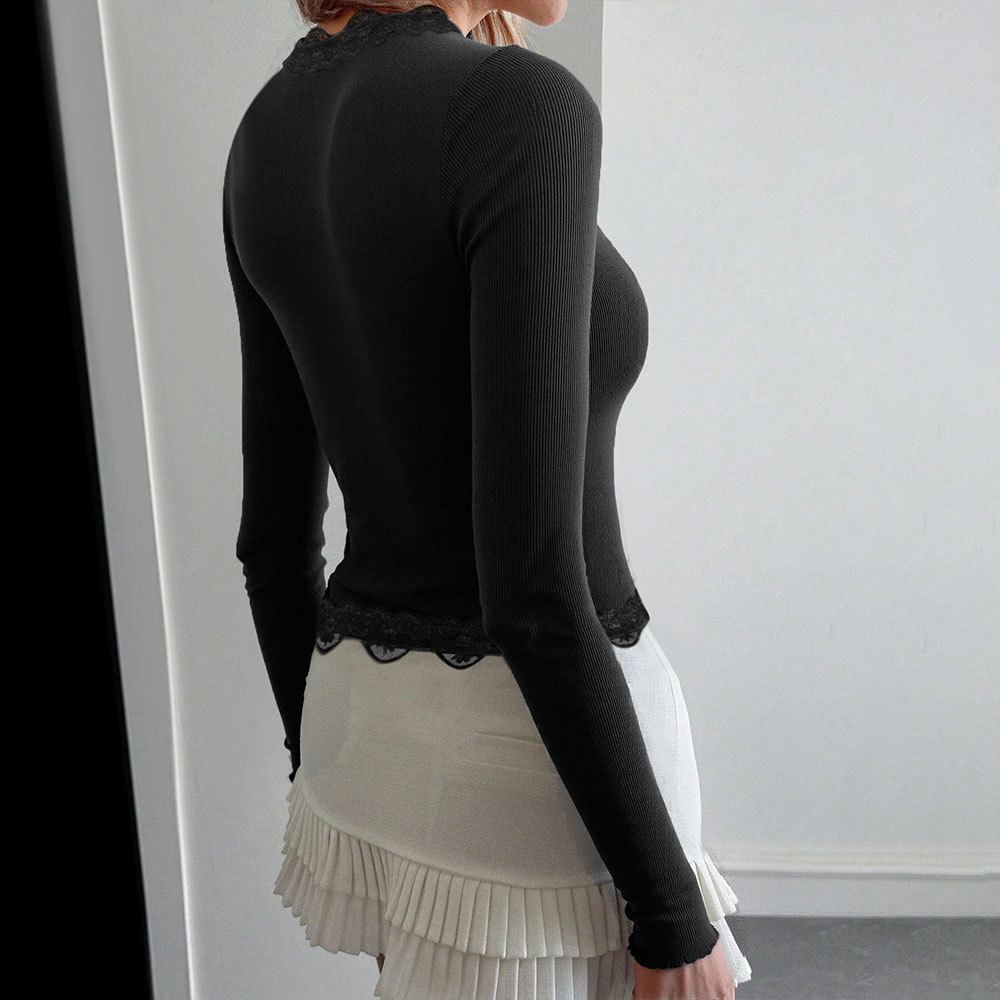 Women's Fashion Lace Ribbed Long Sleeve Shirt - Image 2