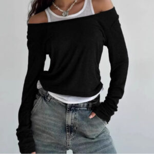 Fake Two-tone Color Long Sleeve Women's Slim-fit Short Base Shirt